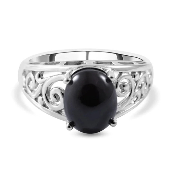 Black Cat's Eye Solitaire Ring In Platinum Over 925 Sterling Silver - Picture 2 of 5